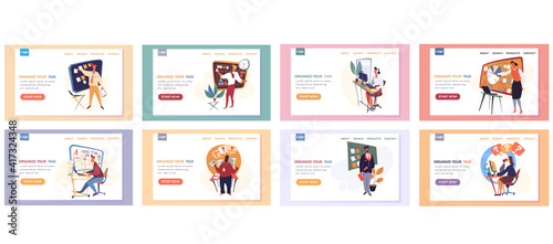 Organize your task landing page template with a businessman standing near board with paper notes for planning set of eight scenes. Time management and scheduling. Timetable for business process