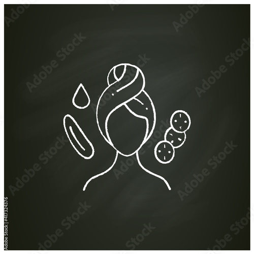 Depuffing eye mask chalk icon. Organic cucumber eye mask, spa procedures. Natural skincare concept. Facial beauty treatment. Isolated vector illustration on chalkboard