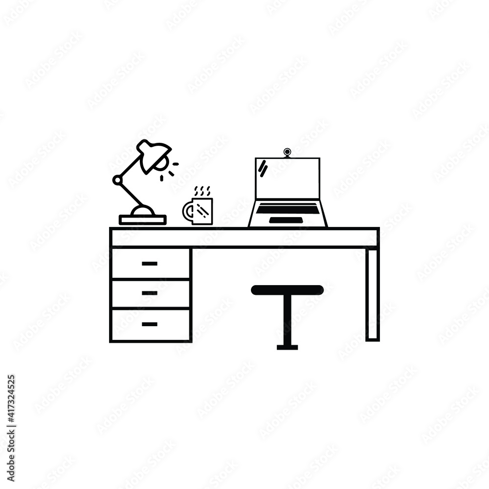 Stay at home. Work table. Working from home during a pandemic, laptop, desk, chair, lamp. vector icons Stay at home. Work table. Working from home during a pandemic, laptop, desk, chair, lamp. vector icons