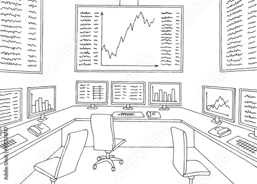 Stock exchange interior office graphic black white interior sketch illustration vector