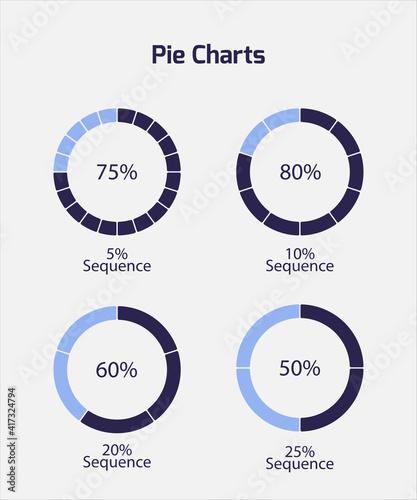 Pie charts with different sequence - 5%, 10%, 20%, 25% percentage charts,  Vector EPS 10 