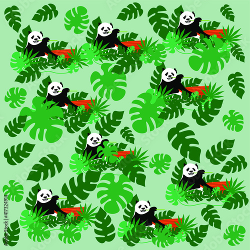 The illustration shows a pattern of pandas in tropical leaves.