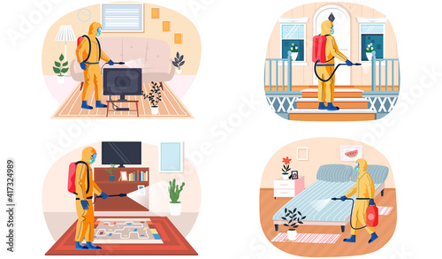 Set of illustrations about man in protective suit cleaning surfaces of apartment. Disinfection of premises concept. Sanitary inspection worker sprays liquid from cylinder. Prevention of disease