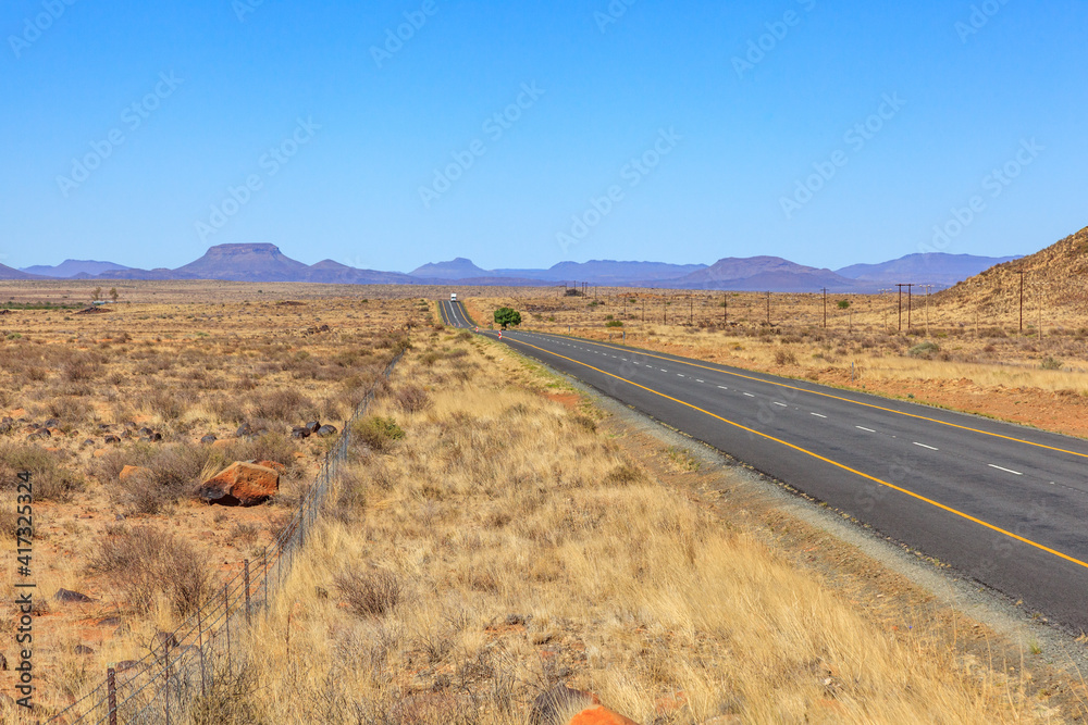Part of the N12 highway running through the dry and hot Karoo, South Africa.