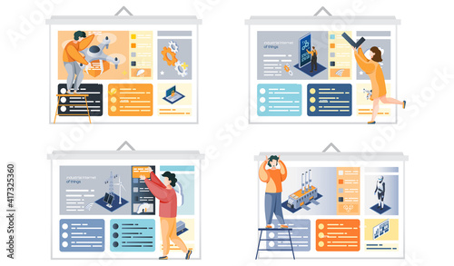 Person studying information with app showing modern technologies in field of industrial management. Equipment for alternative energy, robots and programmed production control, drone delivery service