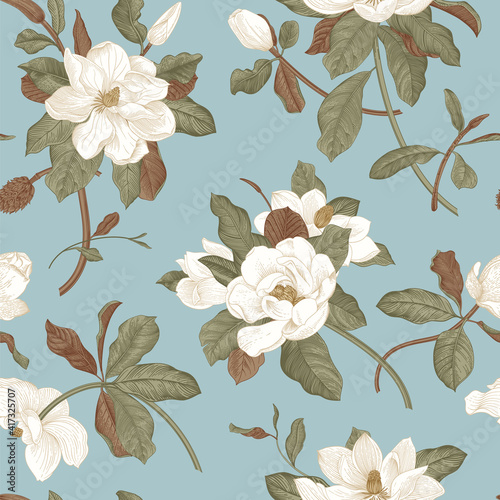 Magnolia grandiflora. Floral seamless pattern. Vector vintage botanical illustration