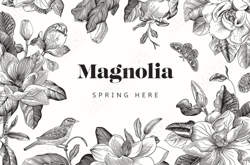 Magnolia. Spring here. Vector vintage botanical illustration. Horizontal card. Green and brown