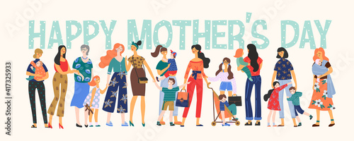 Happy Mothers Day. Vector illustration with women and children.