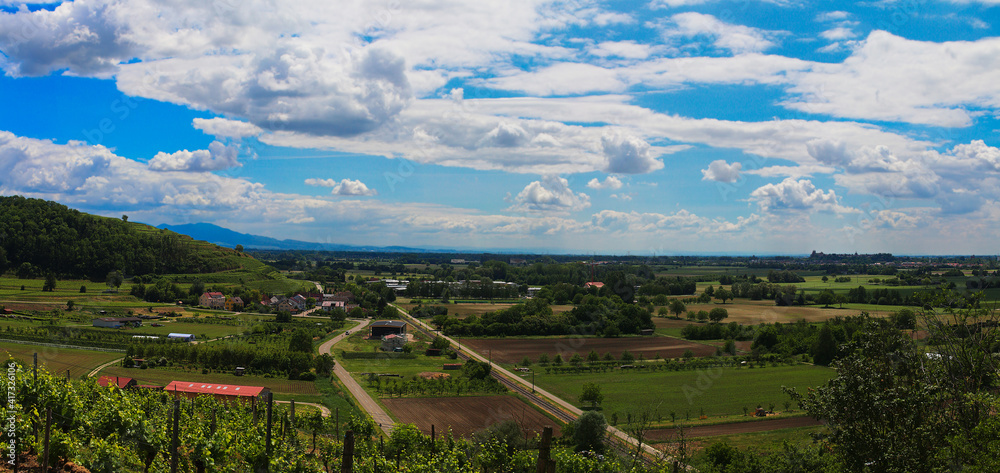 Panoramic view over the Upper Rhine Valley from Kaiserstuhl hills to the Black Forest (Baden, Germany)