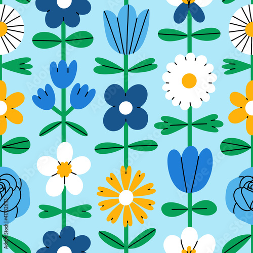 Abstract folk flowers, vector seamless pattern