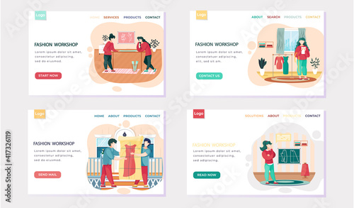 Fashion workshop landing page template with designer making model. Workers of atelier sew dress, stylish clothes for new collection. Seamstresser comparing tailor pattern ang finished handmade dress