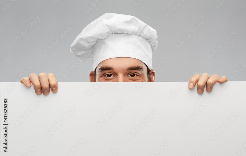 cooking, culinary and people concept - happy smiling male chef in toque with big white board over grey background cooking, culinary and people concept - happy smiling male chef in toque with big white board over grey background