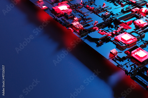 Circuit board or motherboard futuristic server code processing background. Technology background with circuit board or microchip futuristic server design. photo