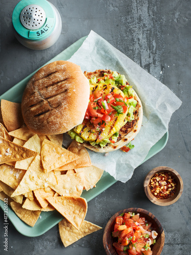 High angle view of burger and nachos