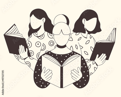 Young smart women reading books. Book lovers, fans of literature. Concept of Book Week or World Book Day. Flat vector illustration isolated on white background.