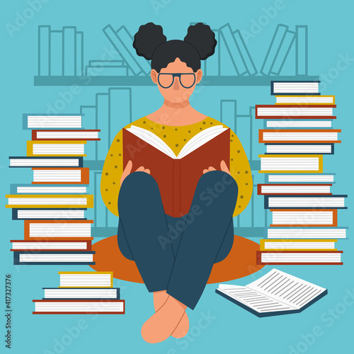 Young girl reading book, surrounded by piles of books and shelves. Book lovers, fans of literature. Concept of self education and distance studying. Flat vector illustration.