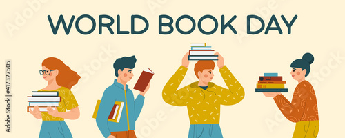 World Book Day. Group of young people reading books. Book lovers, fans of literature.  Flat vector illustration.