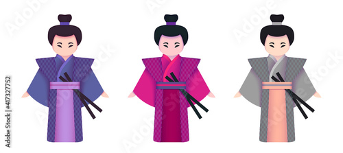 Japanese men in kimono traditional clothing kimono set, National dress. Samurai. Cartoon paper cut style. Paper toy
