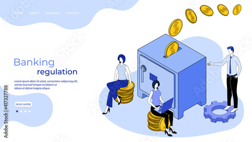 Organization of the banking process.The concept of banking regulation.People in the background of a safe with money.3D image.isometric vector illustration.The landing page template.