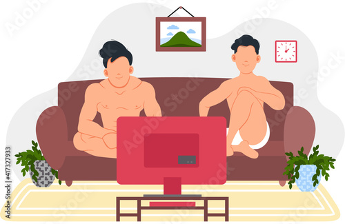 Men watching television in living room flat vector illustration. Male characters rest sitting on sofa at home. Guys in underwear on couch near TV. People, friends spending time together after sauna