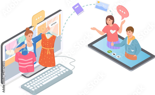 People using computer and smartphone to choose dress on website, online shopping on internet sale in mobile shop application, e-commerce. Web store marketing concept. new fashion technologies