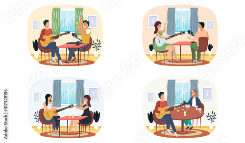 Set of illustrations about people sing songs with guitar and record audio. Joint pastime with music. Musicians make music. Guitarists perform with stringed instrument. Characters listening to guitar