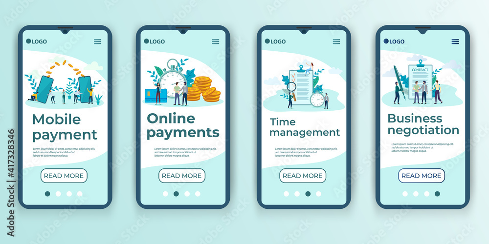 Mobile payments, Online payments,time management, Business negotiations.A set of UI / UX interfaces for smartphone screens.Features of adaptive design.Flat vector illustration. Mobile payments, Online payments,time management, Business negotiations.A set of UI / UX interfaces for smartphone screens.Features of adaptive design.Flat vector illustration.