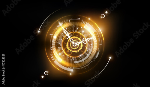 Golden Abstract Futuristic Technology Background with Clock concept and Time Machine, Can rotate clock hands, vector illustration photo