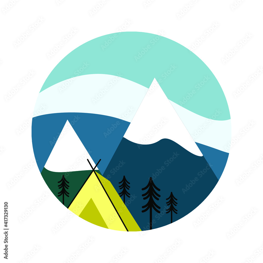 round mountain icon, tent, forest, flat vector isolated on white background round mountain icon, tent, forest, flat vector isolated on white background