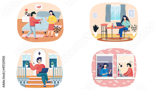 Scenes set of daily leisure and work activities performing by young people. Bundle of everyday routine situations. Woman works with laptop in office,talking to colleague communicates with man at home