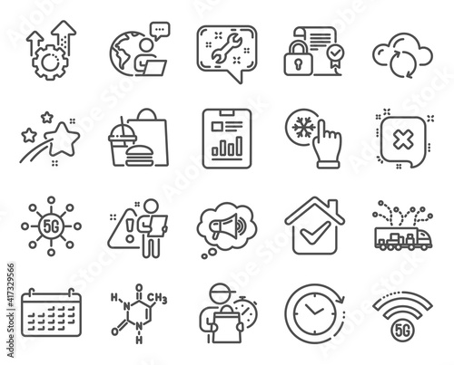 Technology icons set. Included icon as Security contract, Cloud sync, Spanner signs. Freezing click, Reject, 5g wifi symbols. Chemical formula, Truck delivery, Megaphone. Report document. Vector