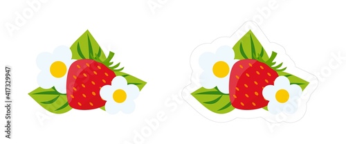 Fototapeta Naklejka Na Ścianę i Meble -  Colorful cartoon clipart of strawberry with white die cut outline. Simple vector icon of strawberry with red ripe fruit and white flowers isolated on white background