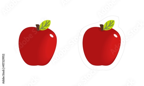 Vector sticker of red juicy apple fruit with white contour for die cut. Cartoon organic fruit icon isolated on white background