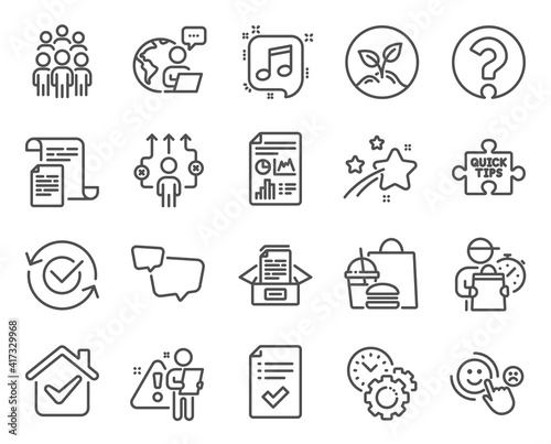 Education icons set. Included icon as Documents box, Question mark, Time management signs. Report document, Customer satisfaction, Business way symbols. Quick tips, Documents, Group people. Vector