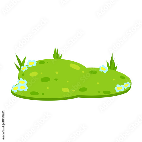 Green lawn with grass and flowers. Element of the summer landscape. Meadow with hills. Background and template. Flat cartoon illustration