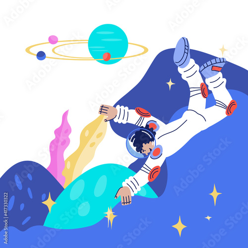 Square banner or poster background for Cosmonautics day with astronaut or space woman comic character. Universe research, space exploration and education, flat cartoon vector illustration.