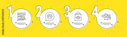 Online buying, Shuttle bus and Pets care line icons set. Timeline process infograph. People talking sign. Shopping cart, Terminal transfer, Dog paw. Contact service. Business set. Vector