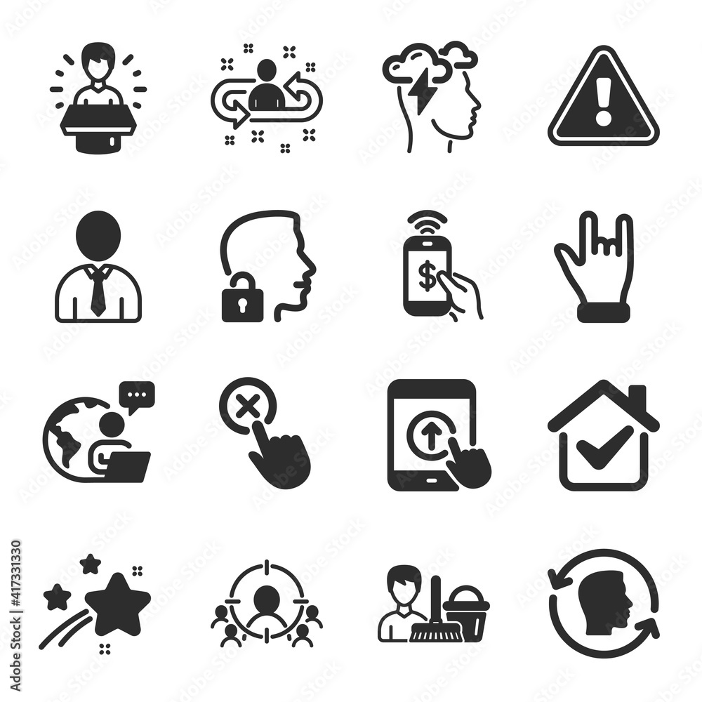 Set of People icons, such as Swipe up, Human, Phone payment symbols. Unlock system, Brand ambassador, Cleaning service signs. Business targeting, Recruitment, Horns hand. Reject click. Vector Set of People icons, such as Swipe up, Human, Phone payment symbols. Unlock system, Brand ambassador, Cleaning service signs. Business targeting, Recruitment, Horns hand. Reject click. Vector