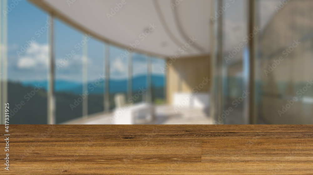 Background with empty wooden table. Flooring. Elegant office interior. Mixed media. 3D rendering.