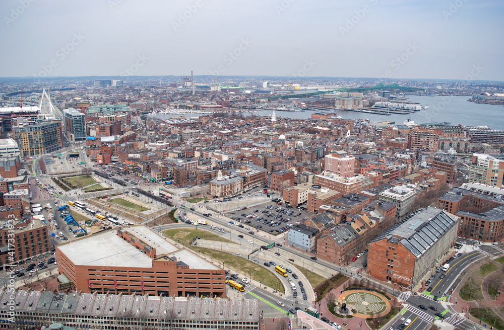 Aerial View of Boston's North End, Boston Harbor, and Expansive Waterfront - Boston, Massachusetts, USA