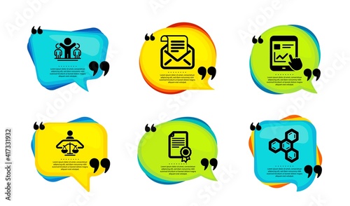 Internet report, Winner and Mail newsletter icons simple set. Speech bubble with quotes. Certificate, Court judge and Chemical formula signs. Web tutorial, Best results, Open e-mail. Vector