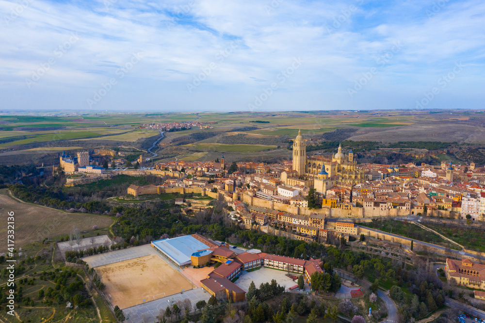 Aerial view of Segovia ancient city with its aqueduct