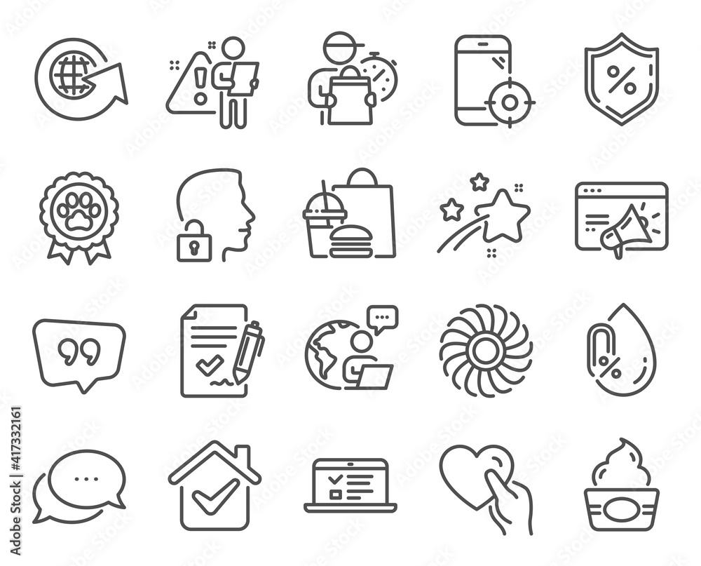 Business icons set. Included icon as Ice cream, Seo marketing, Loan percent signs. Unlock system, Hold heart, Fan engine symbols. Approved agreement, World globe, Dog competition. Vector Business icons set. Included icon as Ice cream, Seo marketing, Loan percent signs. Unlock system, Hold heart, Fan engine symbols. Approved agreement, World globe, Dog competition. Vector