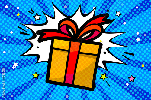 Yellow Gift box with red bow in pop art style. Greeting card