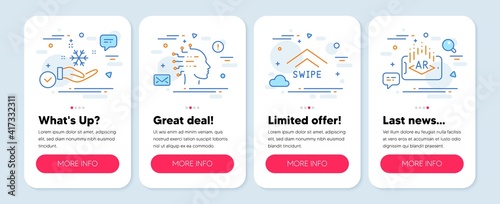 Set of Business icons, such as Freezing, Swipe up, Artificial intelligence symbols. Mobile app mockup banners. Augmented reality line icons. Air conditioner, Scrolling arrow, Mind intellect. Vector