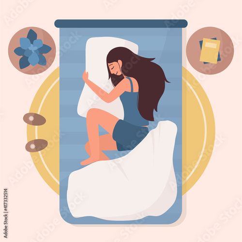 Young woman sleeps on the bed, hugging a pillow. The girl is sleeping in the bedroom. View from above. Flat vector illustration.