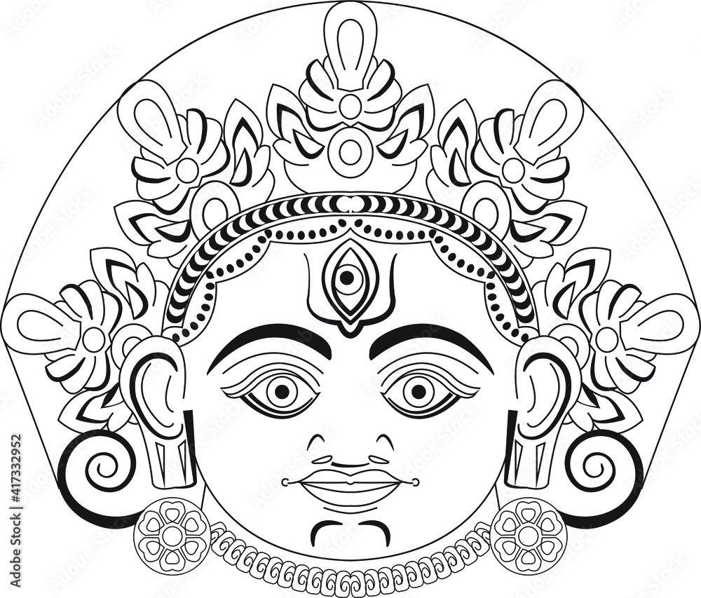 Lord Ganesha and goddess Durga (paper mache) mask. It can be used for a coloring book, textile/ fabric prints, phone case, greeting card. logo, calendar. In Kalamkari /Madhubani style