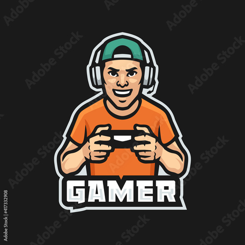 A gamer's mascot logo wearing a headset. Esports logo gaming. Vector Illustration.