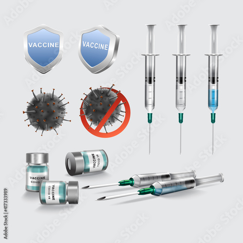 Coronavirus or Covid-19 vaccine bottle and syringe injection. Health care and medicine. Vector illustration