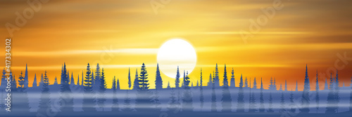 Picturesque morning view. Dawn, mountain taiga in the fog.